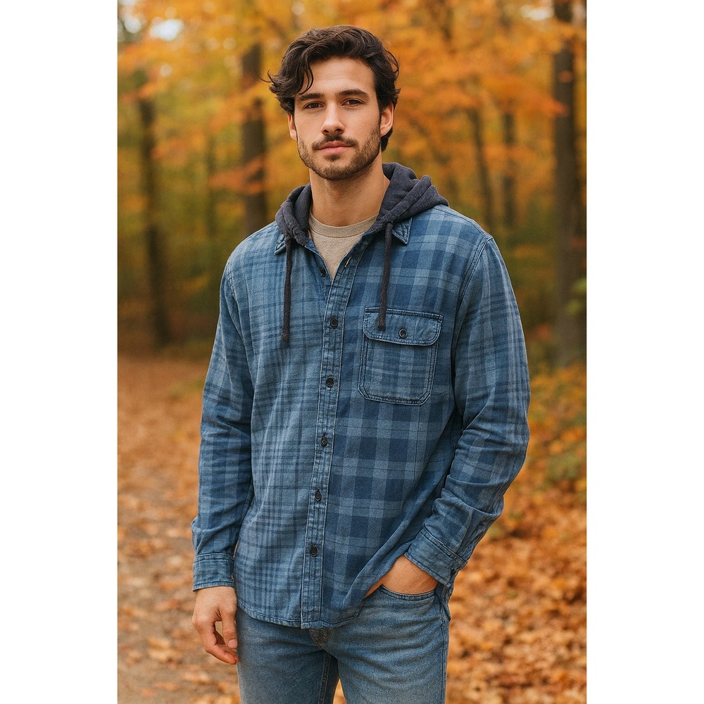 American Eagle Outfitters Mens Plaid Flannel Hooded Button Up Shirt Medium‎ Soft